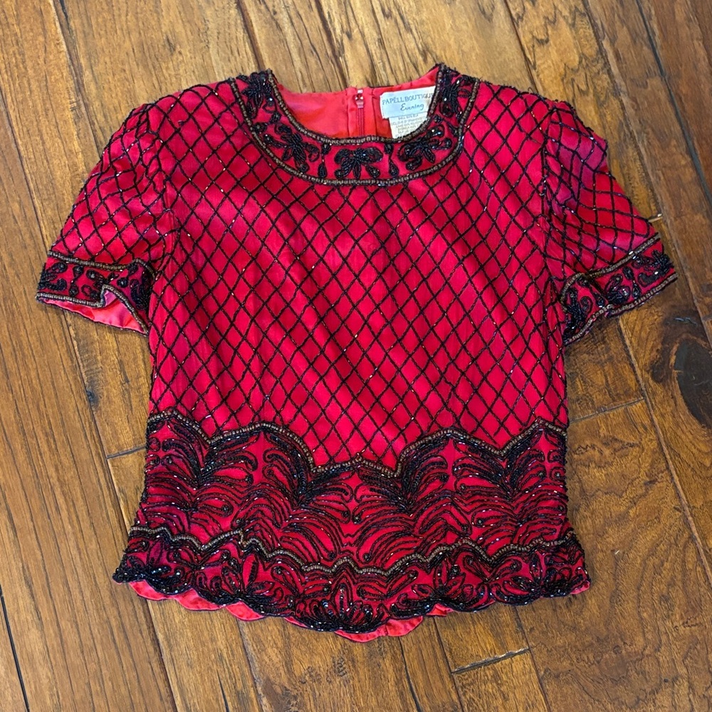 Papell Boutique Red and Black Embellished Blouse
